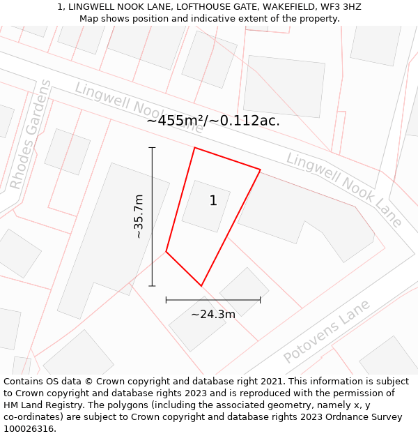 1, LINGWELL NOOK LANE, LOFTHOUSE GATE, WAKEFIELD, WF3 3HZ: Plot and title map