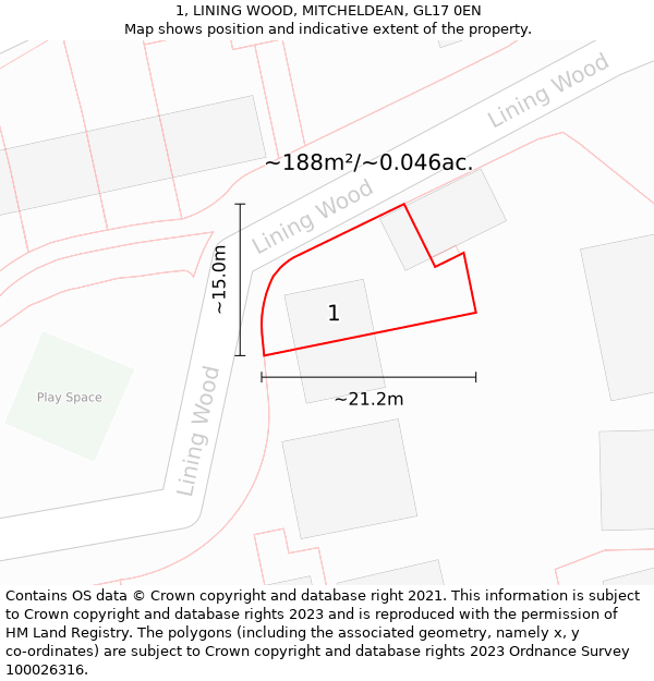 1, LINING WOOD, MITCHELDEAN, GL17 0EN: Plot and title map