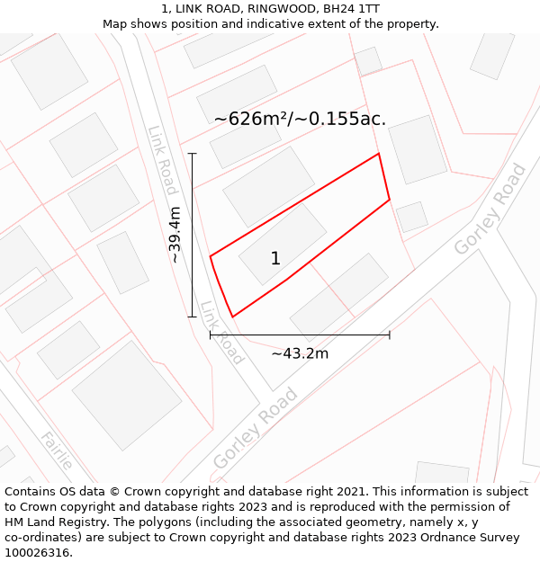 1, LINK ROAD, RINGWOOD, BH24 1TT: Plot and title map