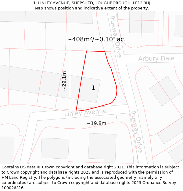 1, LINLEY AVENUE, SHEPSHED, LOUGHBOROUGH, LE12 9HJ: Plot and title map