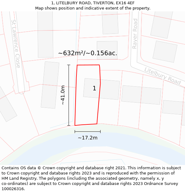 1, LITELBURY ROAD, TIVERTON, EX16 4EF: Plot and title map