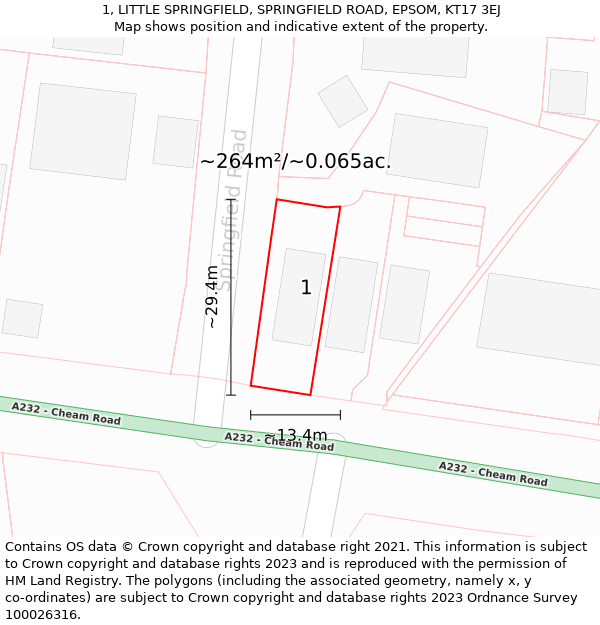 1, LITTLE SPRINGFIELD, SPRINGFIELD ROAD, EPSOM, KT17 3EJ: Plot and title map