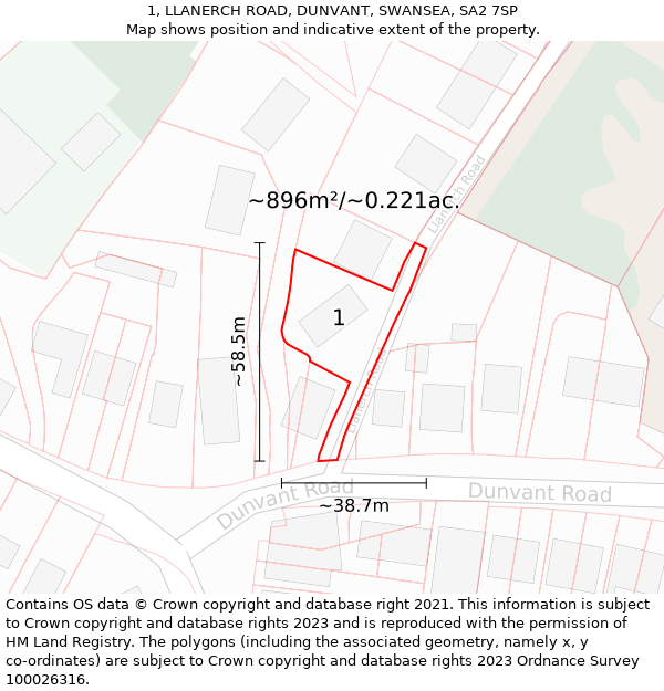 1, LLANERCH ROAD, DUNVANT, SWANSEA, SA2 7SP: Plot and title map