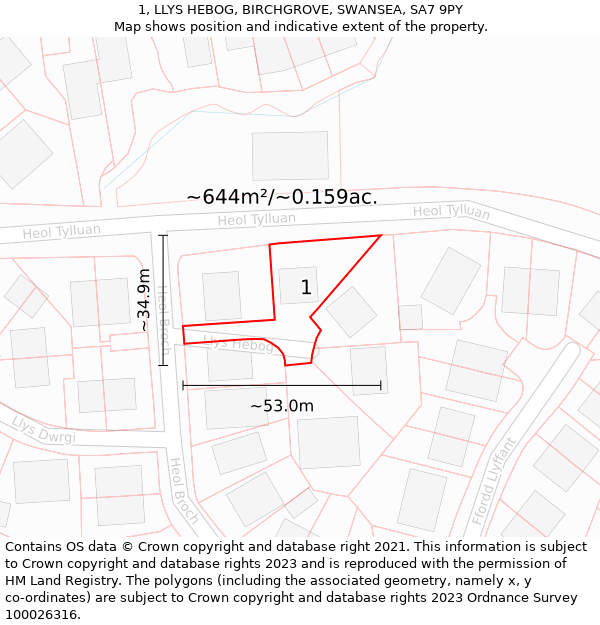 1, LLYS HEBOG, BIRCHGROVE, SWANSEA, SA7 9PY: Plot and title map
