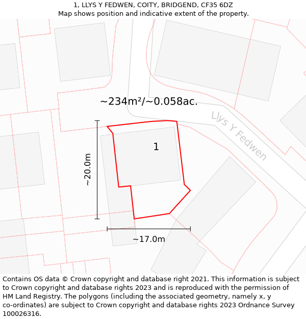 1, LLYS Y FEDWEN, COITY, BRIDGEND, CF35 6DZ: Plot and title map