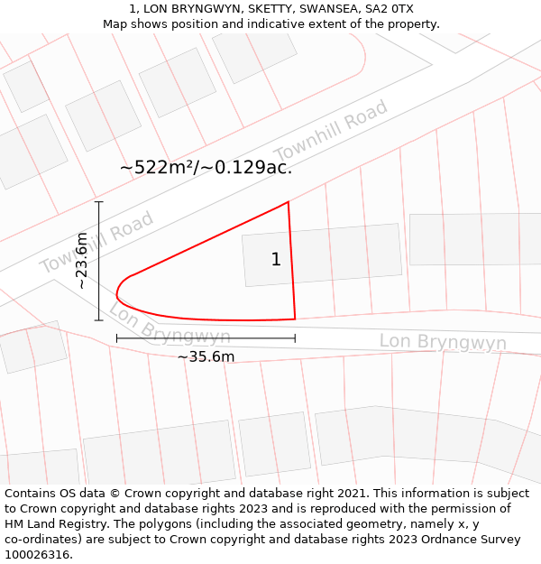 1, LON BRYNGWYN, SKETTY, SWANSEA, SA2 0TX: Plot and title map