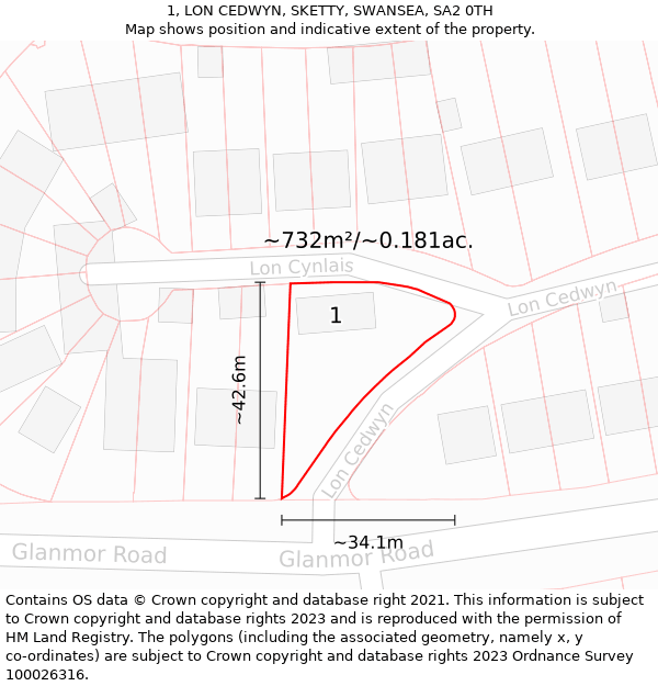 1, LON CEDWYN, SKETTY, SWANSEA, SA2 0TH: Plot and title map