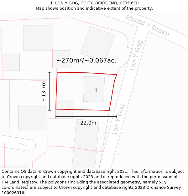 1, LON Y GOG, COITY, BRIDGEND, CF35 6FH: Plot and title map