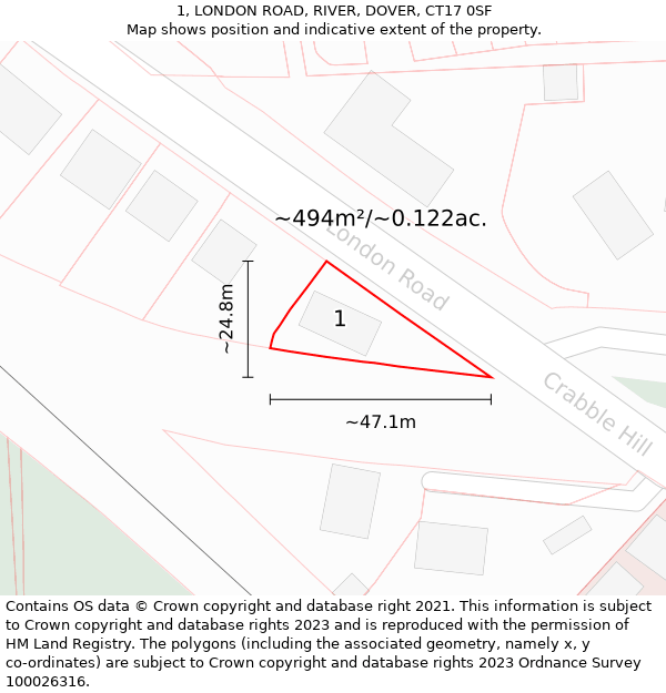 1, LONDON ROAD, RIVER, DOVER, CT17 0SF: Plot and title map