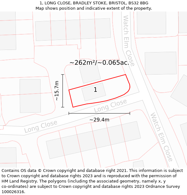 1, LONG CLOSE, BRADLEY STOKE, BRISTOL, BS32 8BG: Plot and title map