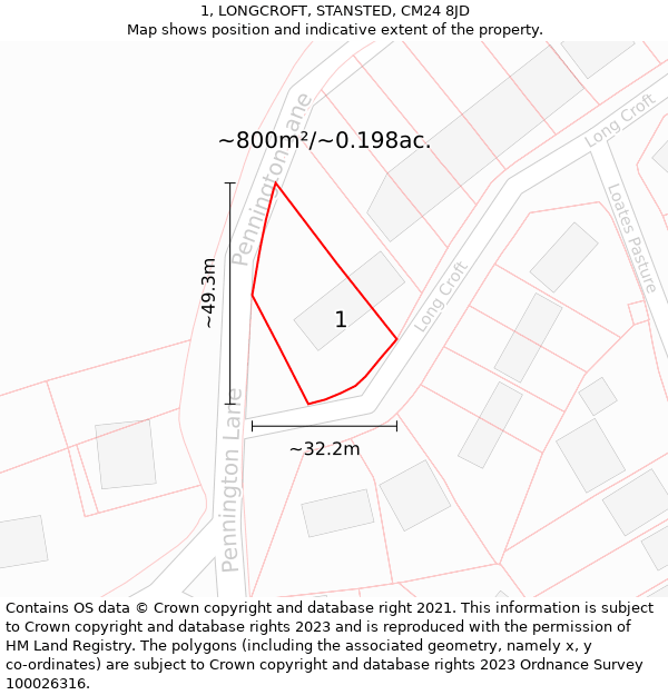 1, LONGCROFT, STANSTED, CM24 8JD: Plot and title map