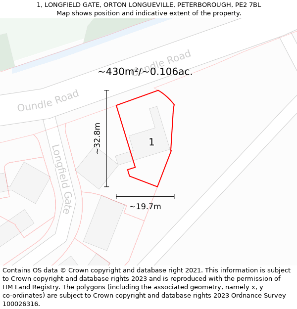 1, LONGFIELD GATE, ORTON LONGUEVILLE, PETERBOROUGH, PE2 7BL: Plot and title map