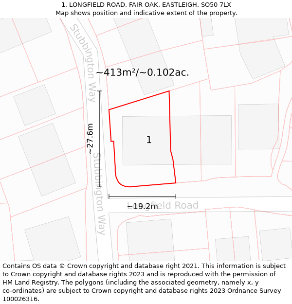 1, LONGFIELD ROAD, FAIR OAK, EASTLEIGH, SO50 7LX: Plot and title map