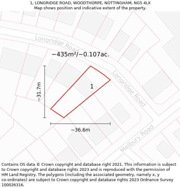 1, LONGRIDGE ROAD, WOODTHORPE, NOTTINGHAM, NG5 4LX: Plot and title map