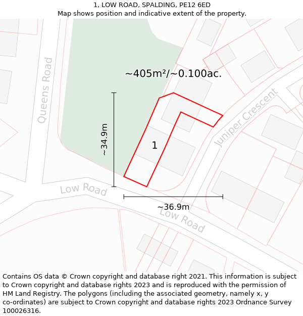 1, LOW ROAD, SPALDING, PE12 6ED: Plot and title map