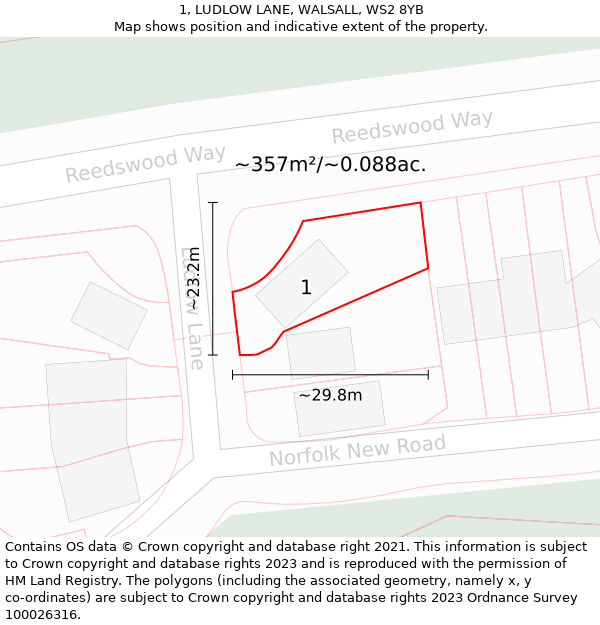 1, LUDLOW LANE, WALSALL, WS2 8YB: Plot and title map