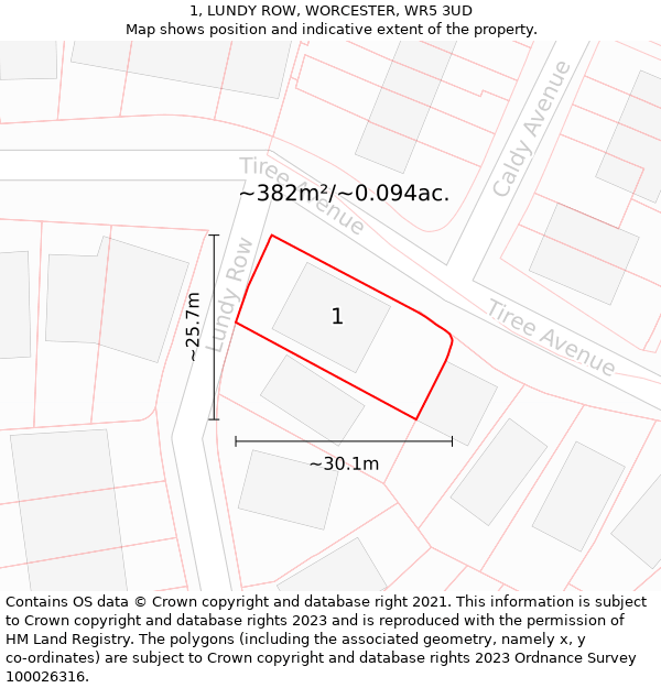 1, LUNDY ROW, WORCESTER, WR5 3UD: Plot and title map