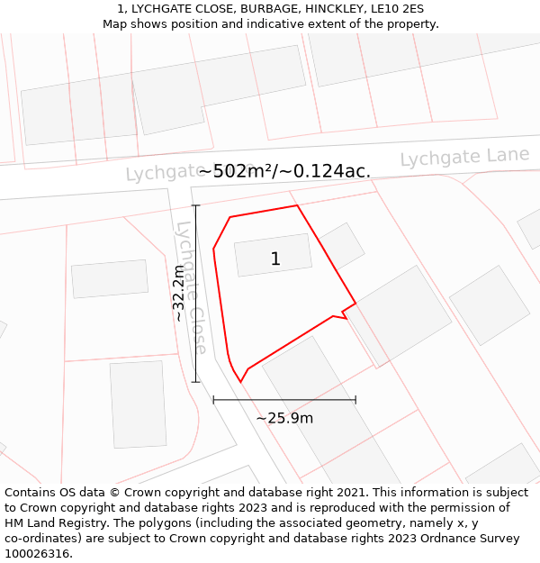 1, LYCHGATE CLOSE, BURBAGE, HINCKLEY, LE10 2ES: Plot and title map