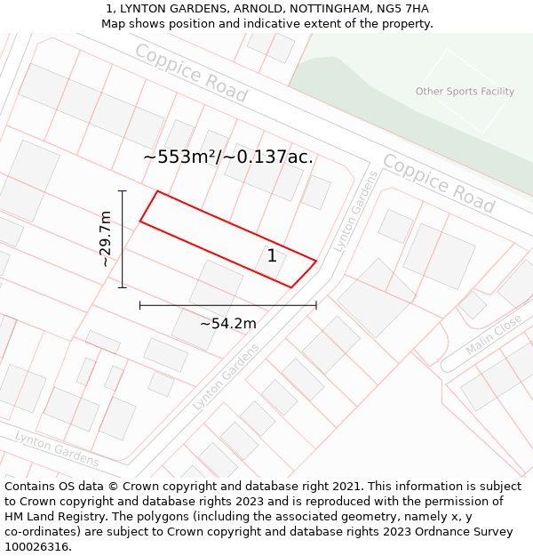 1, LYNTON GARDENS, ARNOLD, NOTTINGHAM, NG5 7HA: Plot and title map