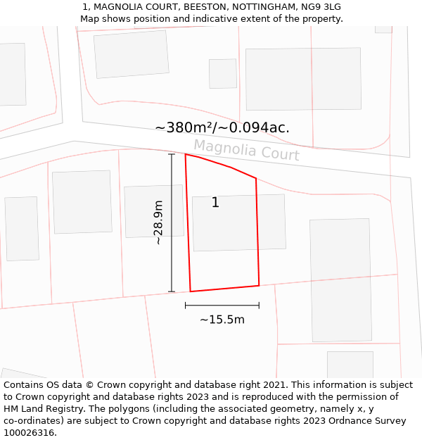 1, MAGNOLIA COURT, BEESTON, NOTTINGHAM, NG9 3LG: Plot and title map