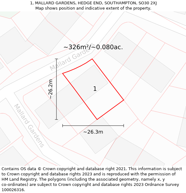 1, MALLARD GARDENS, HEDGE END, SOUTHAMPTON, SO30 2XJ: Plot and title map