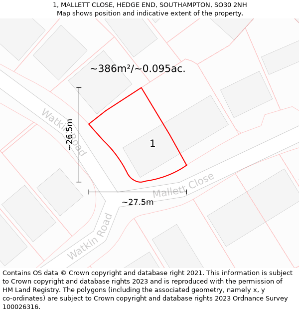 1, MALLETT CLOSE, HEDGE END, SOUTHAMPTON, SO30 2NH: Plot and title map