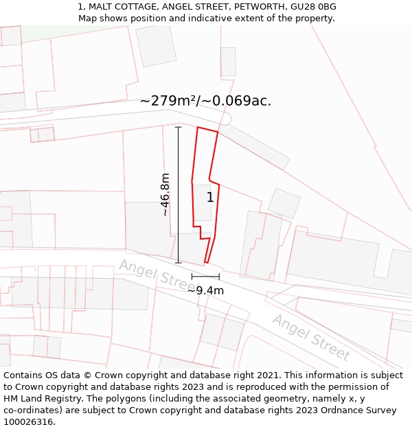 1, MALT COTTAGE, ANGEL STREET, PETWORTH, GU28 0BG: Plot and title map