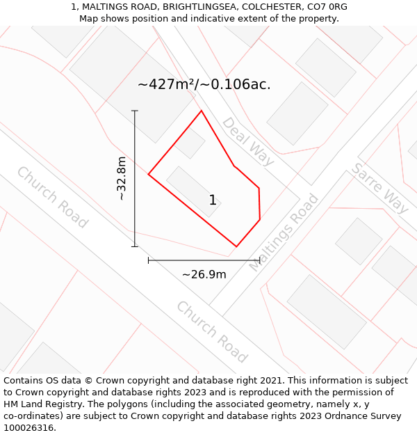 1, MALTINGS ROAD, BRIGHTLINGSEA, COLCHESTER, CO7 0RG: Plot and title map