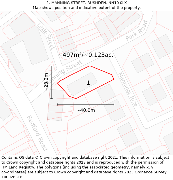1, MANNING STREET, RUSHDEN, NN10 0LX: Plot and title map