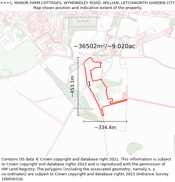 1, MANOR FARM COTTAGES, WYMONDLEY ROAD, WILLIAN, LETCHWORTH GARDEN CITY, SG6 2AH: Plot and title map