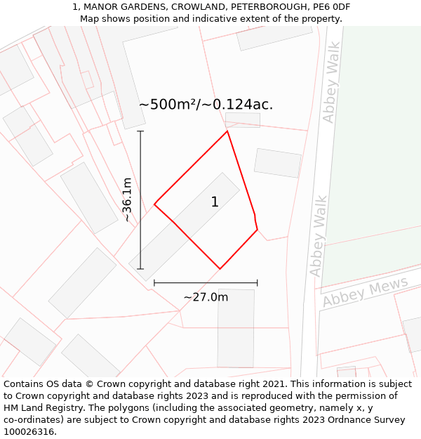 1, MANOR GARDENS, CROWLAND, PETERBOROUGH, PE6 0DF: Plot and title map