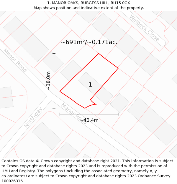 1, MANOR OAKS, BURGESS HILL, RH15 0GX: Plot and title map