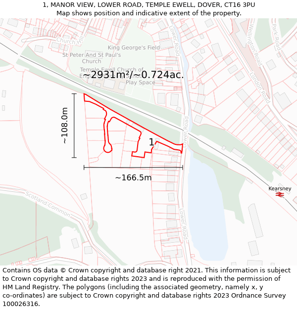 1, MANOR VIEW, LOWER ROAD, TEMPLE EWELL, DOVER, CT16 3PU: Plot and title map