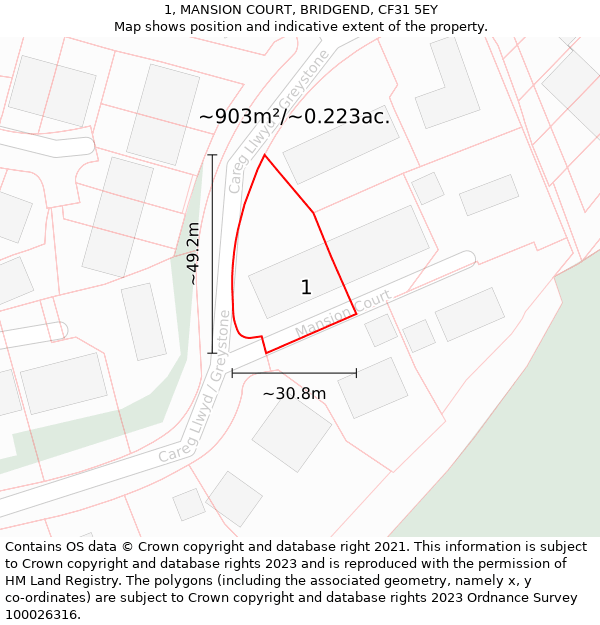 1, MANSION COURT, BRIDGEND, CF31 5EY: Plot and title map