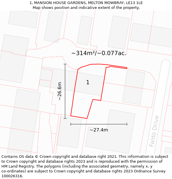 1, MANSION HOUSE GARDENS, MELTON MOWBRAY, LE13 1LE: Plot and title map