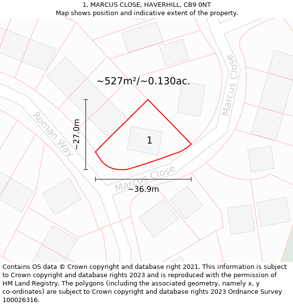 1, MARCUS CLOSE, HAVERHILL, CB9 0NT: Plot and title map