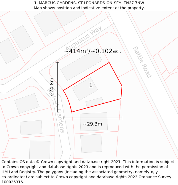 1, MARCUS GARDENS, ST LEONARDS-ON-SEA, TN37 7NW: Plot and title map