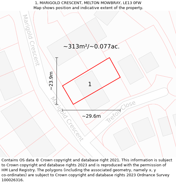 1, MARIGOLD CRESCENT, MELTON MOWBRAY, LE13 0FW: Plot and title map