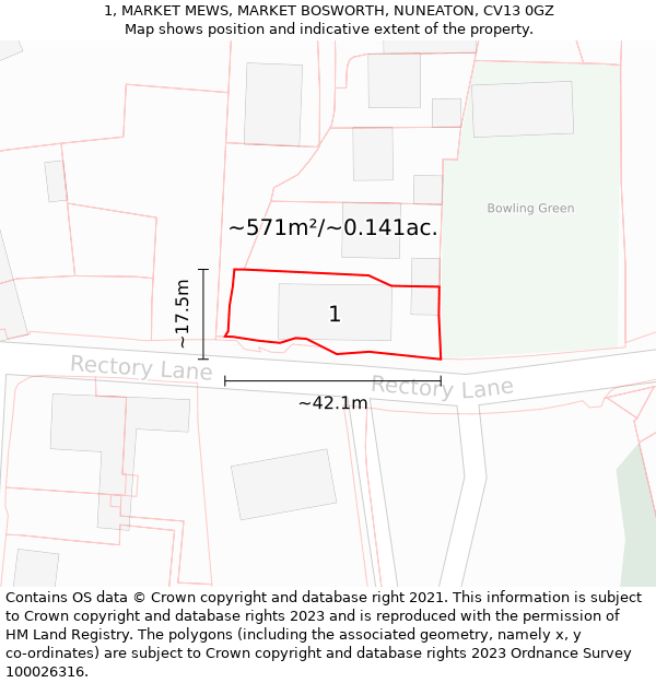 1, MARKET MEWS, MARKET BOSWORTH, NUNEATON, CV13 0GZ: Plot and title map