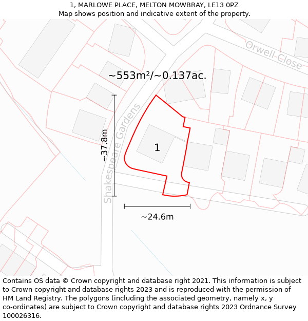 1, MARLOWE PLACE, MELTON MOWBRAY, LE13 0PZ: Plot and title map