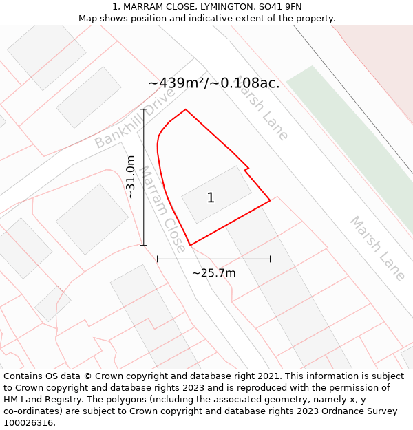 1, MARRAM CLOSE, LYMINGTON, SO41 9FN: Plot and title map