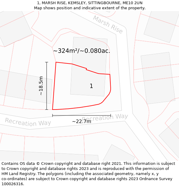 1, MARSH RISE, KEMSLEY, SITTINGBOURNE, ME10 2UN: Plot and title map