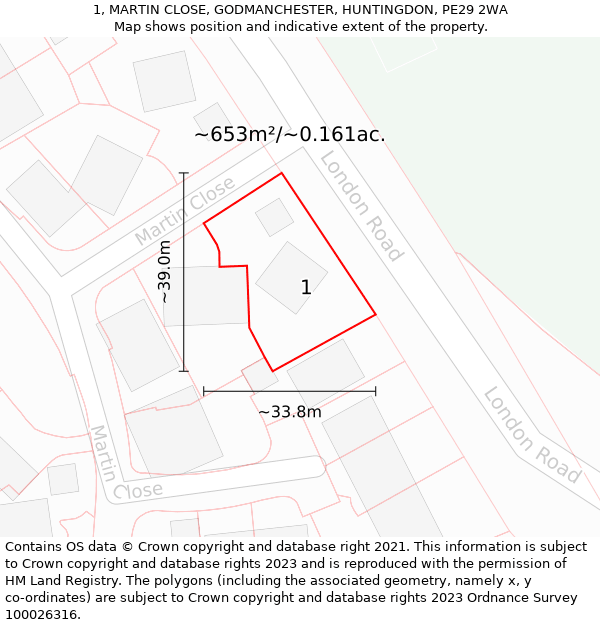 1, MARTIN CLOSE, GODMANCHESTER, HUNTINGDON, PE29 2WA: Plot and title map