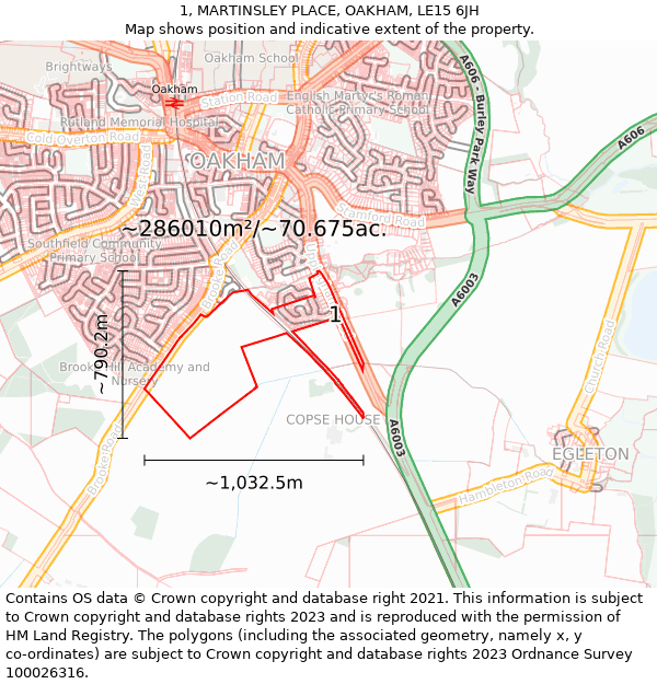 1, MARTINSLEY PLACE, OAKHAM, LE15 6JH: Plot and title map