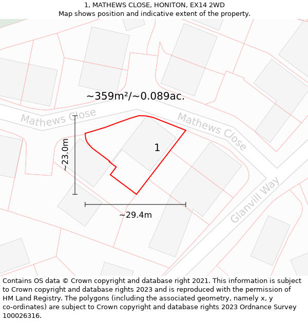 1, MATHEWS CLOSE, HONITON, EX14 2WD: Plot and title map