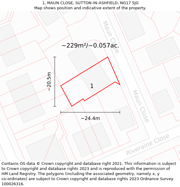 1, MAUN CLOSE, SUTTON-IN-ASHFIELD, NG17 5JG: Plot and title map