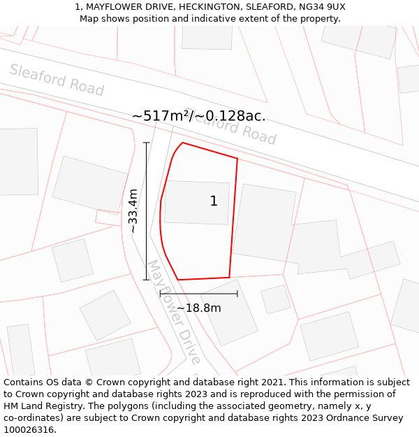 1, MAYFLOWER DRIVE, HECKINGTON, SLEAFORD, NG34 9UX: Plot and title map