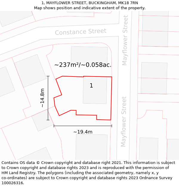 1, MAYFLOWER STREET, BUCKINGHAM, MK18 7RN: Plot and title map