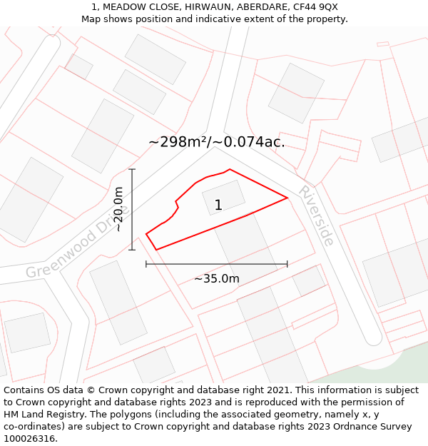 1, MEADOW CLOSE, HIRWAUN, ABERDARE, CF44 9QX: Plot and title map