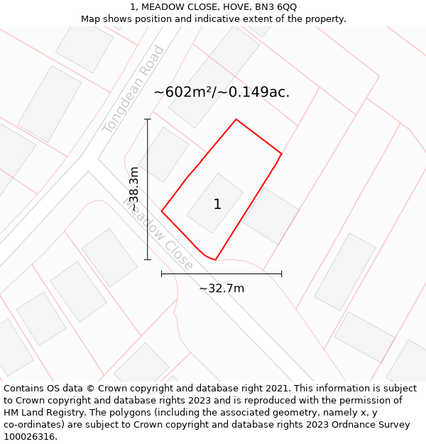 1, MEADOW CLOSE, HOVE, BN3 6QQ: Plot and title map